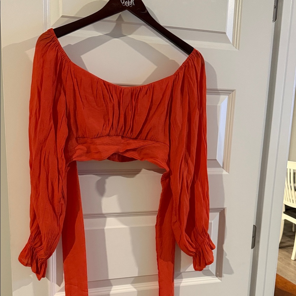 Off-Shoulder Orange Crop Top Blouse with Balloon Lantern Sleeves Bow Tie Back